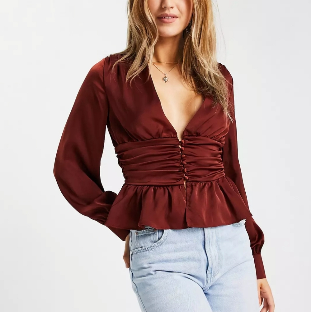In the Style Plunge Front Button Detail Top with Peplum Hem Detail in Ru…